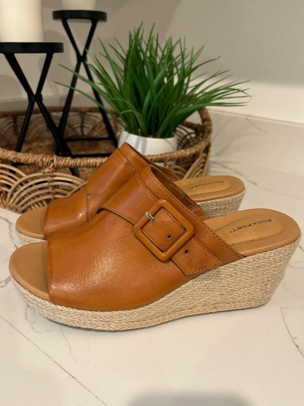 Rockport Lyla Buckle Slide Leather Wedge Sandal Woven Heel Cognac Women Size 9